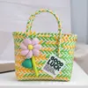 Bolsa Colorida de Palha Cesta de Legumes Bolsa Acessórios de Flores Bolsa Colorida de Palha Contrastante Grande Capacidade Bolsa de Mão para Piquenique Férias Praia