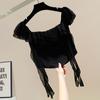 Top Corto Pullover de Encaje con Volantes y Diseño de Cinta, Hombros Descubiertos, Ajustado, Versátil, de Mujer Tailandesa