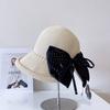 Chapéu Balde Feminino Verão Elegante Protetor Solar Chapéu de Pescador Aba Larga Palha Moda Corrente de Pérolas Estilo Coreano Bolinhas Laço