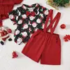 Roupas para Meninos, Conjunto de Duas Peças com Camiseta de Manga Curta Estampada Integral e Shorts com Suspensórios para Bebês e Crianças Pequenas no Verão, Roupa Infantil de Fornecimento Transfronteiriço