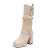 Novas Botas de Cano Médio Arredondadas Estilo Europeu e Americano com Fivela de Cinto Salto Alto Botas para Boate Botas de Equitação 40-48 Tamanho Grande Desejo Botas de Comércio Exterior