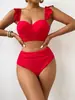 Bikini Sexy de Dos Piezas de Color Sólido de Cintura Alta que Oculta el Vientre Adelgazante con Volantes Europeo y Americano 2026 para Ventas Transfronterizas de Amazon