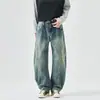 Nuevos Jeans Vintage Lavados Hoz para Hombre Otoño/Invierno, Pantalones Retro Americanos Sueltos Rectos de Cintura Elástica de Moda
