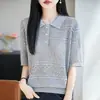 Camiseta Polo Feminina de Verão em Tricô de Linho Doce com Renda Vazada, Manga Curta, Gola Alta, Leve, Soltinha, Levemente Transparente, Sensação Fresca, Manga Meia