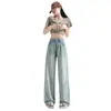 Calça Jeans de Cintura Alta Wide Leg com Strass Feminina Nova Coleção Primavera Verão 2024 Design Hot Drilling Senso de Design Calça de Pano Feminina Solta com Efeito Slim