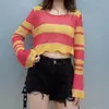 Suéter de Rayas Arcoíris para Mujer Blusa Hueca Verano Nuevo Diseño Dulce Chica Caliente Top Corto Mangas Largas