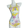 (Capa única, sin almohadilla en el pecho) Traje de baño de una pieza para mujer con diseño de niña de dibujos animados de cabello rizado, traje de baño conservador de corte bajo para piscina y competición
