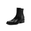 Suela Elevadora Silenciosa de 5 cm Que No Cansa Tus Pies~ Versátil para el Viaje Diario Punta Cuadrada Tacón Grueso Cuero Genuino Pulido Botines Cortos para Mujer Botas Martin