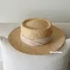 Sombrero Ligero, Sin Peso, Estilo Vintage Old Money de Paja de Rafia Natural, Sombrero de Copa Plana para Mujer, Sombrero de Protección Solar para Vacaciones de Verano en la Playa