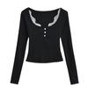 Nova Camiseta Curta Slim Fit Outono e Inverno 2024 Sexy Renda Patchwork Manga Longa Camisa Base Top