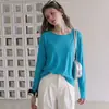 Top azul fino de seda de hielo estilo coreano con espalda hueca para mujer, cubierta de verano para aire acondicionado, camiseta de manga larga con protección solar 512