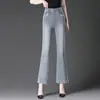 Verão 1076 Lançamento Micro-Lara Cinza Jeans Cropped Mãe Flare Elástico Calça Feminina para Meia-Idade e Idosos
