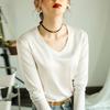 Camiseta de Algodão Mercerizado Estilo Novo Primavera 2024 Feminina Manga Longa Camisa para Usar por Baixo Branca Gola V Fashion