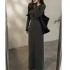 Vestido de Otoño con Temperamento Transfronterizo Estilo Oficina Cuello Redondo Raya de Botones Manga Larga para Mujer Temperamento Cintura Ceñida Falda Larga Recta