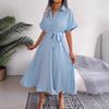 Estilo Ins Foto Real Verano Europeo y Americano Casual Suelto Color Puro Encaje Vestido Camisero Falda Larga Amazon Ropa de Mujer Transfronteriza