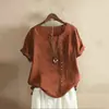 Camiseta Casual de Algodón y Lino para Mujer, Manga Corta, Cuello Redondo, Botones, Estilo Europeo y Americano, para Vacaciones y Calle, 2024