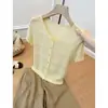 Cárdigan de Punto Crochet Amarillo Calado Manga Corta para Mujer, Estilo Coreano de Verano, Único y Hermoso, Muy Atractivo, Top Delgado y Adelgazante