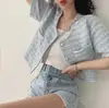 Chique Coreano Verão Simples Elegante Gola Redonda Borda Solta Pérola Botão Único Bolso Duplo Tweed Casaco Curto