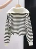Suéter de punto a rayas retro de dos piezas simuladas de manga larga para mujer, nueva sudadera chaqueta de otoño estilo coreano holgada ajustada A753