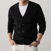 Cardigan de Tricô com Gola Lapela Masculino Novo Fino para Primavera e Outono Top Casual Peça Externa Camisa de Ar Condicionado Tricô com Botões