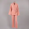 Outono/Inverno 2026 Estilo Europeu e Americano Manga Longa Solta Calça Longa Crepe Feminina Cor Sólida Camisola Casa Absorvente Suor Roupa para Sauna Feminina