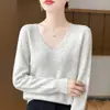 Suéter de punto sin costuras 100% lana con cuello en V y puntos de colores, corte holgado, adelgazante, color liso, suéter base de punto para mujer