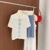 Camiseta de verano para mujer de punto de algodón puro con jacquard de rombos, manga corta, diseño retro suave, cuello redondo, corte ajustado, versátil y moderna