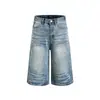 Calça Jeans Cropped Lavada Plissada Estilo Americano para Homens, Shorts Largos de Perna Larga para o Verão, Tendência Trendy High Street de Perna Reta