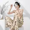 Camisón de Rayas de Alta Gama con Copas en el Pecho para Mujer, Ropa de Casa de Verano sin Espalda con Atadura, Se Puede Usar Afuera, Conjunto Delgado de Algodón y Seda