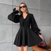 Vestido Longo de Manga Francesa com Gola de Boneca e Manga Sino Design Preto Primavera 2025 Saia Justa Europeia e Americana Roupas Femininas
