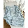Pijama nuevo de estilo coreano para niñas, para primavera y otoño, con estampado de lunares azul claro, cuello redondo, diseño de corbata, corte holgado, mangas largas y pantalones largos - un cómodo conjunto de loungewear para casa