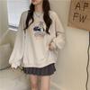 Sudadera Gruesa de Forro Polar Estilo Coreano, Cuello Redondo, Estampado de Dibujos Animados, Talla Grande, Manga Corta para Mujer, Holgada y Casual, Nicho