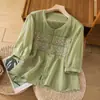 Nueva Camisa Artística de Algodón y Lino Bordado Estilo Chino Retro de Siete Mangas Versátil para Verano Holgada Casual Blanca