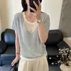 Camiseta Falsa de Dos Piezas de Manga Corta para Mujer 2026 Verano Nuevo Estilo Calado Tejido de Punto Patchwork Asimétrica Camiseta Top Corto