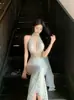 Vestido de Lunares Brandy Espalda Descubierta con Lunares Estilo Francés para Mujer, Gama Alta, Elegante, Vestido Largo con Cuello Halter de Atar