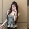 Top Tubinho Retro Americano Hot Girl Estampa de Leopardo para Mulheres no Verão com Cintura e Babados Internos e Top Justo Sexy para Uso Externo