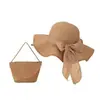 Set de sombrero de playa y bolso transfronterizo, sombrero de sol de verano de ala ancha, protección UV, sombrero de paja tejido con lazo de lino
