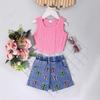 Amazon Cross-border estilo europeu e americano meninas terno verão novo pit colete sem mangas borboleta estampado denim shorts