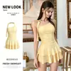 Novo maiô feminino de uma peça estilo saia 2026, elegante e bonito, perfeito para férias, em amarelo cremoso, modelador e que esconde a barriga, ideal para fontes termais