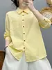 Camisa feminina de algodão puro, manga longa, corte solto, com colarinho dobrável, versátil e emagrecedora, camisa retrô artística