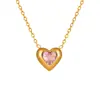 Colar de Coração de Aço Titânio da Moda para Mulheres, Versátil Estilo Coreano Estilo Ins Cristal Rosa Zircônia Colorida Banhado a Ouro Corrente de Clavícula Dourada