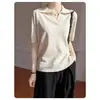 Top de Malha Old Money com Fio Pontilhado e Gola Polo em Tencel de Manga Curta para Mulheres, Verão Francês Soltinho Emagrecedor Camiseta de Linho de Meia Manga