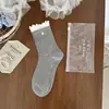 Songmu "Muito Coreano! Meias de Cano Médio Estilo Coreano Meia-Calça Slouch com Borda Franzida Bloqueio de Cores Botão em Formato de Coração Meias de Algodão Penteado