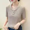 26 Verano Nuevo Estilo Lino Perlado Acanalado Simple Moda Versátil Cuello Solapa Manga Corta Tejido de Punto Trenzado Top para Mujer