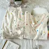 Yunduo Algodão Novo Pijama para Mulheres Primavera e Verão Foto Real Verão Doce Pulôver Gola V Manga Curta Conjunto de Roupa para Casa
