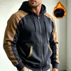Moletom com capuz e zíper, blocos de cor, tamanho europeu masculino, jaqueta quente espessa com forro de fleece para inverno, para comércio transfronteiriço