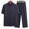 Traje Tang de Verano Nuevo para Hombres de Mediana Edad y Mayores, Camisa de Manga Corta Delgada, Pantalones Largos, Conjunto de Dos Piezas, Conjunto de Traje Tai Chi Estilo Chino para Hombres