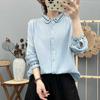 2025 Nuevo Estilo Otoño Azul y Blanco Bordado Doble Capa Hilo Cardigan de Mujer Camisa de Manga Larga Top Tendencia al por Mayor