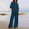 Conjunto de 2 piezas para mujer, moda de verano 2023, conjunto informal con cinturón y bolsillo, top de media manga con cuello redondo y pantalones de pierna ancha.