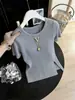 Blusa de tricô de seda gelada de manga curta para mulheres 2026 Primavera/Verão estilo fino gola redonda camiseta top solto que rejuvenesce